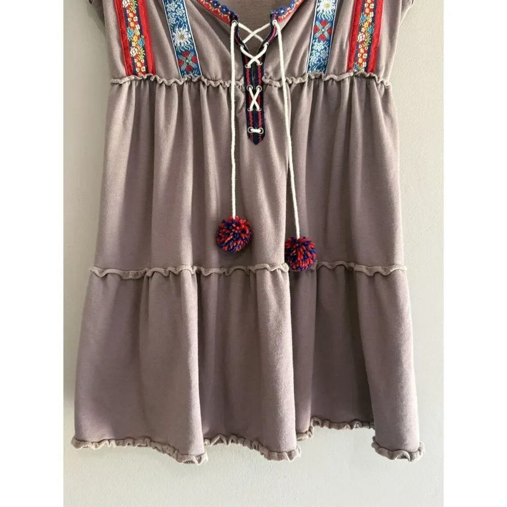 Free People Boho Babydoll Embroidered Tunic Dress Festival Hippie Tiered Folk XS